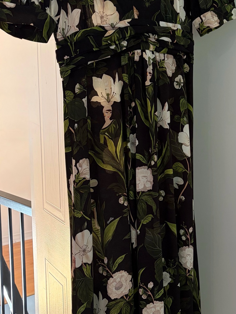 Black Floral Maxi Dress with Green Botanical Print